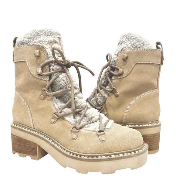 Calvin Klein Shoes - Alaina Light Natural Fleece Lined Leather & Faux Upper Lug Lace Up Boots by CK